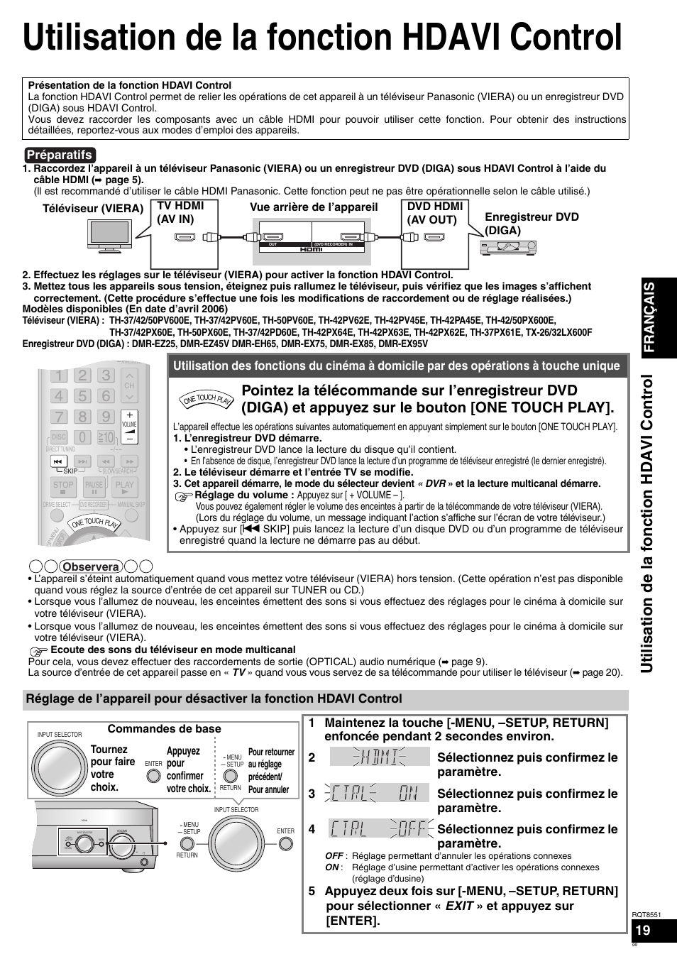 Utilisation de la fonction hdavi control, Utilisation de la fon ction hdavi contr o l, Français | Préparatifs | Panasonic SAXR57 User Manual | Page 99 / 120