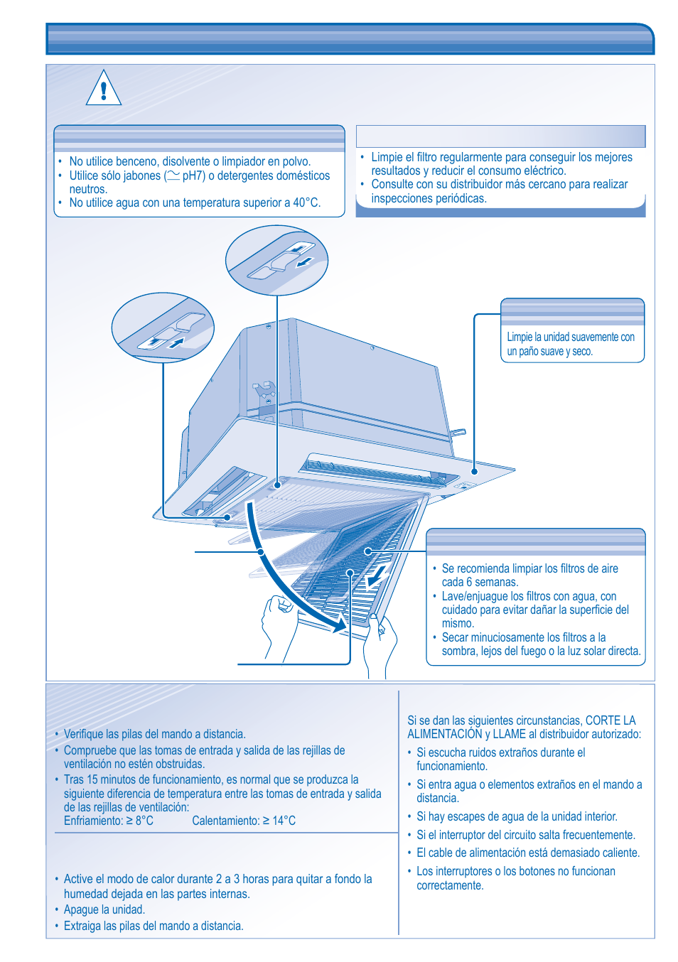 Cuidado y limpieza, Abaje despacio la, Retire el fi ltro de aire de | Pulse los botones | Panasonic KITE18HB4EA User Manual | Page 24 / 76