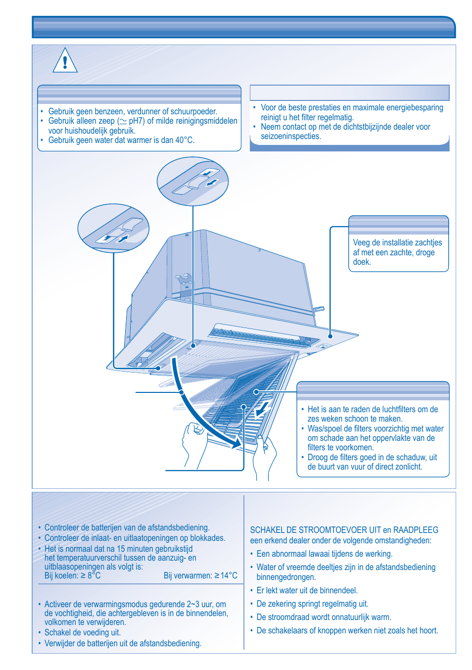 Onderhoud & reiniging, Trek de inlaatrooster, Verwijder de luchtfi lter uit de | Druk op de knoppen | Panasonic KITE18HB4EA User Manual | Page 48 / 76