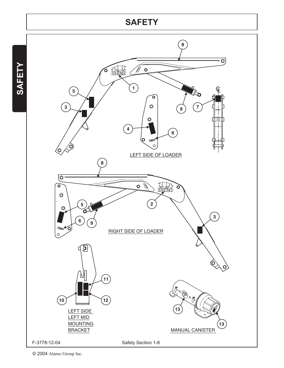 Decal locations -8, Safety | Alamo RHINO 7214 MSL User Manual | Page 11 / 44