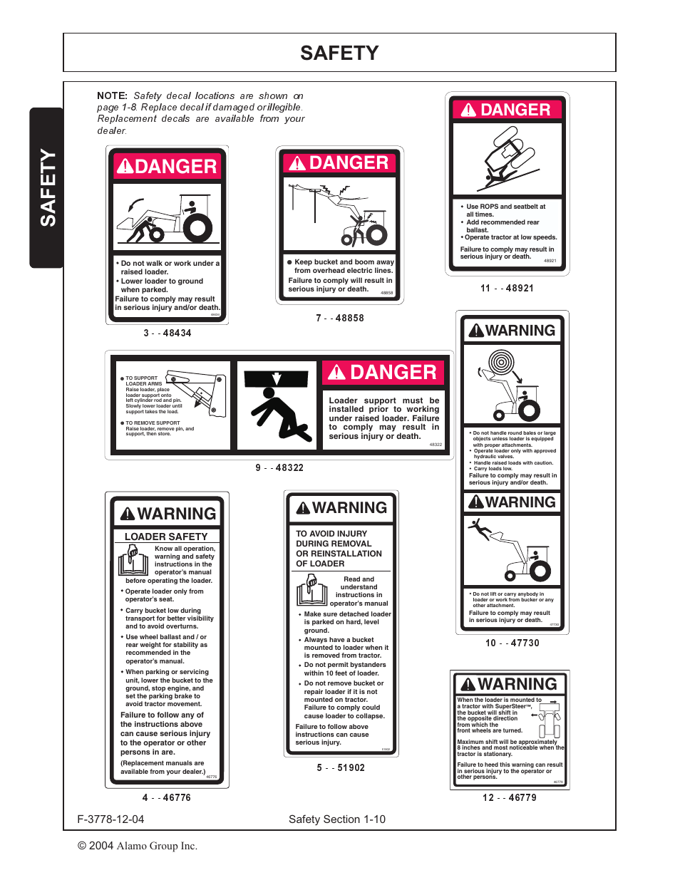 Safety decals -10, Safety, Danger | Warning | Alamo RHINO 7214 MSL User Manual | Page 13 / 44