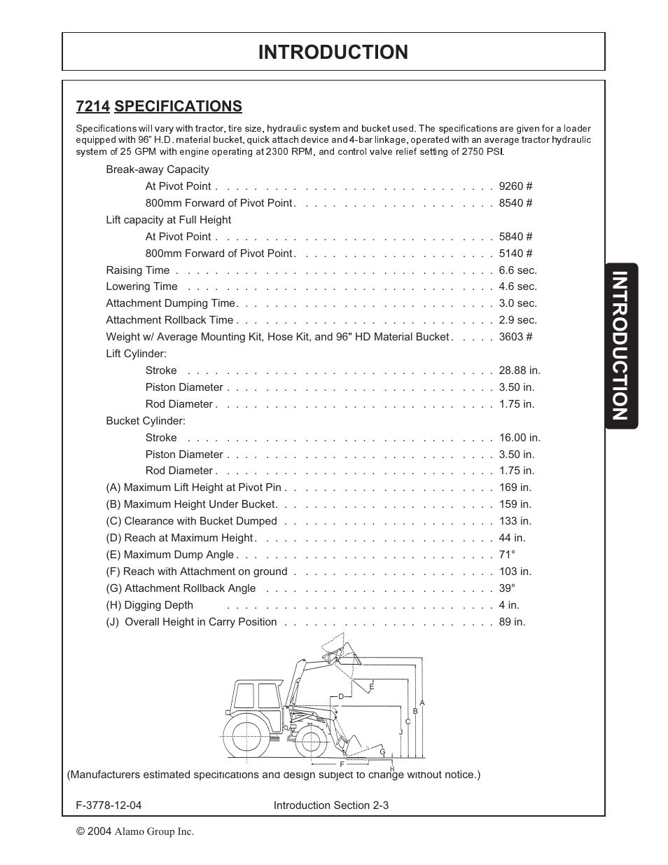 Specifications -3, Introduction, 7214 specifications | Alamo RHINO 7214 MSL User Manual | Page 18 / 44