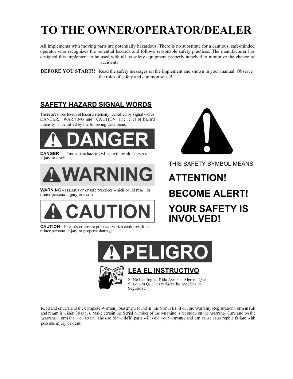 Danger, Warning, Peligro | Caution, Attention! become alert! your safety is involved | Alamo RHINO 7214 MSL User Manual | Page 2 / 44