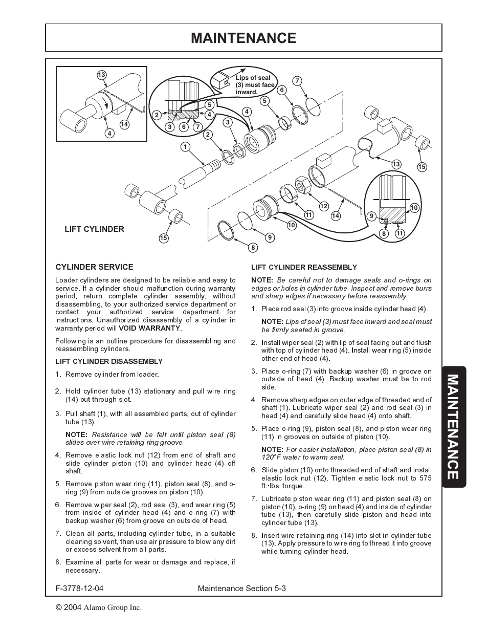 Lift cylinder service -3, Maintenance | Alamo RHINO 7214 MSL User Manual | Page 36 / 44