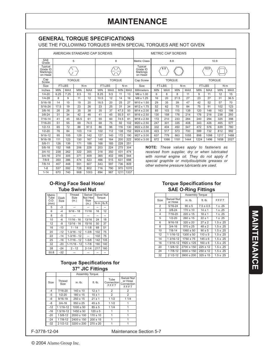 Torque chart -7, Maintenance, General torque specifications | O-ring face seal hose/ tube swivel nut, 2004 alamo group inc | Alamo RHINO 7214 MSL User Manual | Page 40 / 44