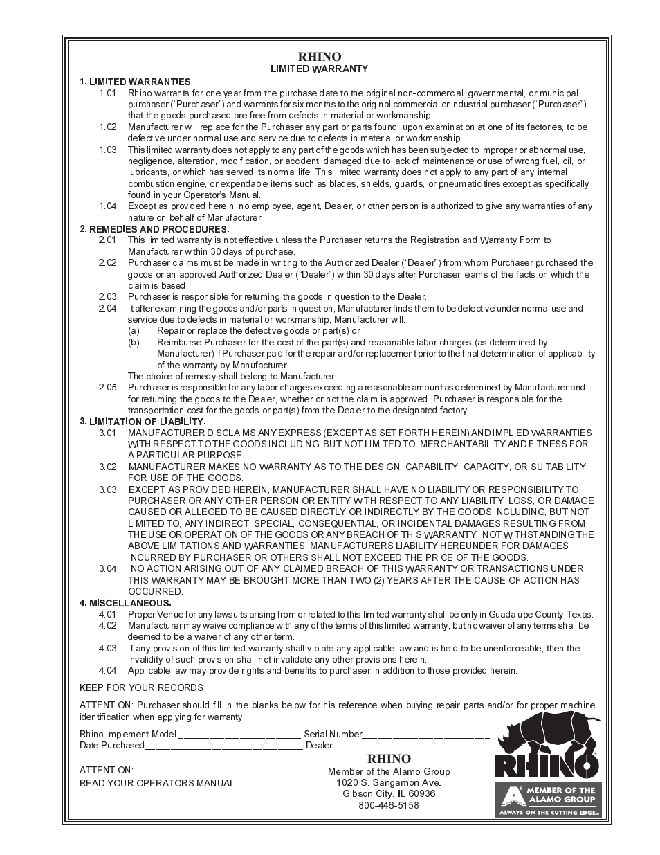 Rhino | Alamo RHINO 7214 MSL User Manual | Page 41 / 44