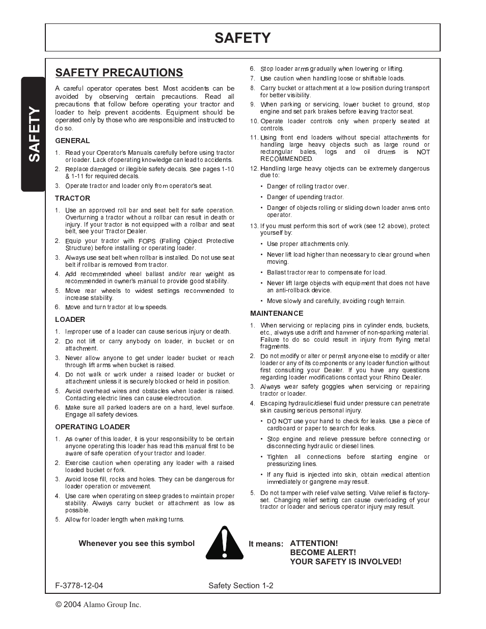 Safety precautions -2, Safety, Safety precautions | Alamo RHINO 7214 MSL User Manual | Page 5 / 44