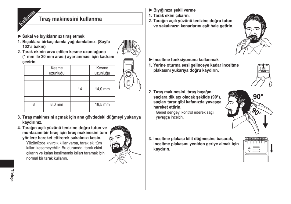 Kullanım, Tıraş makinesini kullanma | Panasonic ER2171 User Manual | Page 100 / 116