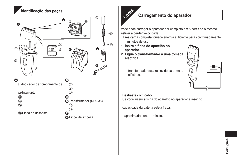 Carga, Carregamento do aparador | Panasonic ER2171 User Manual | Page 45 / 116