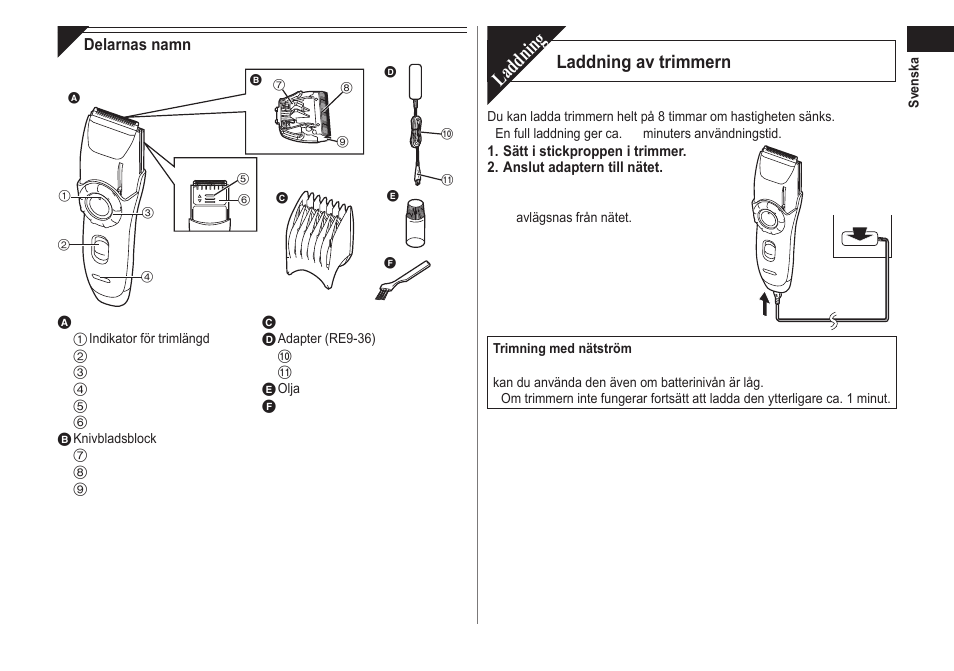 Laddning, Laddning av trimmern | Panasonic ER2171 User Manual | Page 57 / 116