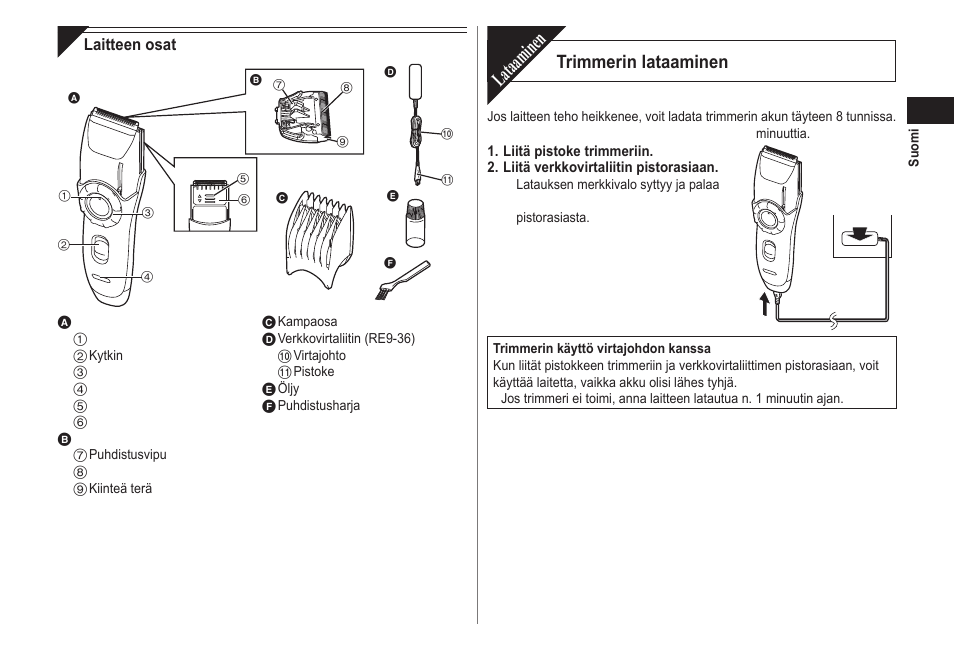 Lataaminen, Trimmerin lataaminen | Panasonic ER2171 User Manual | Page 63 / 116