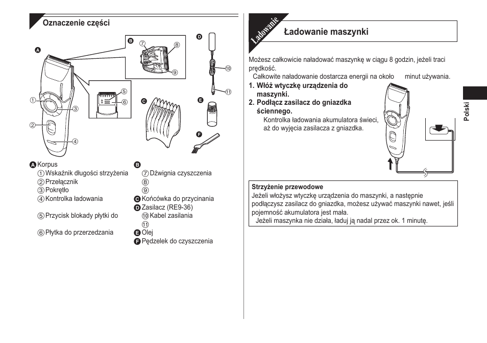 Ładowanie, Ładowanie maszynki | Panasonic ER2171 User Manual | Page 69 / 116