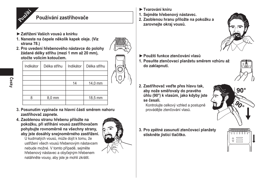 Použití, Používání zastřihovače | Panasonic ER2171 User Manual | Page 76 / 116
