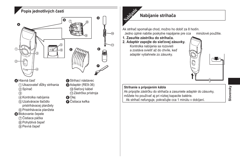 Nabíjanie, Nabíjanie strihača | Panasonic ER2171 User Manual | Page 81 / 116