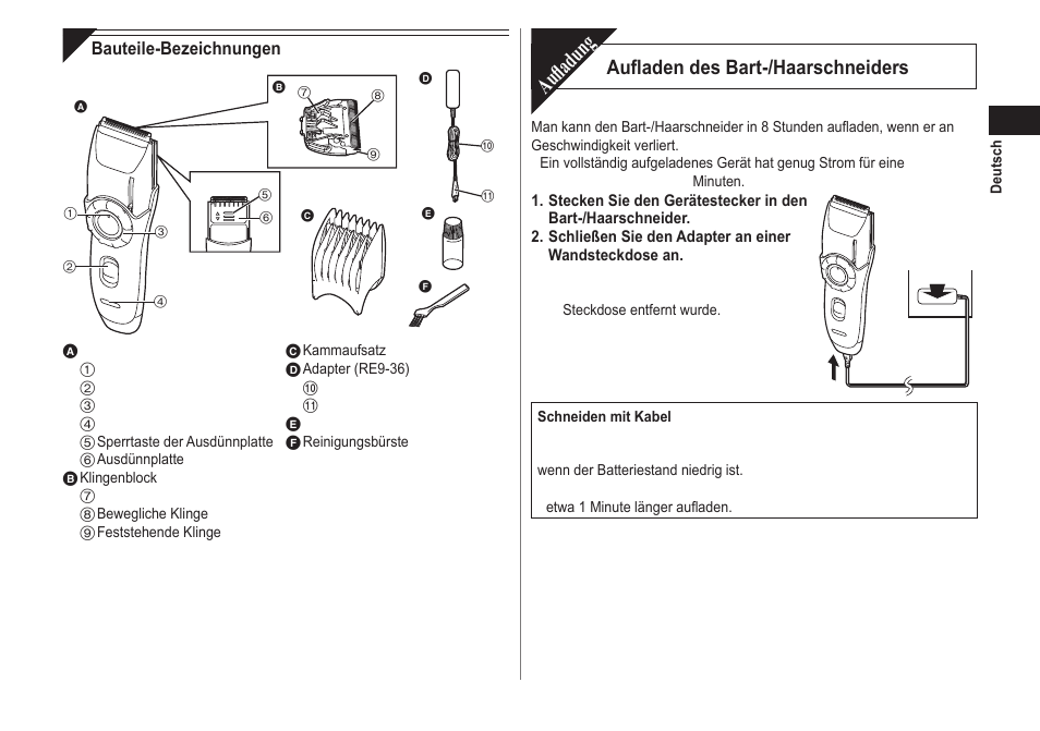 Aufladung, Aufladen des bart-/haarschneiders | Panasonic ER2171 User Manual | Page 9 / 116