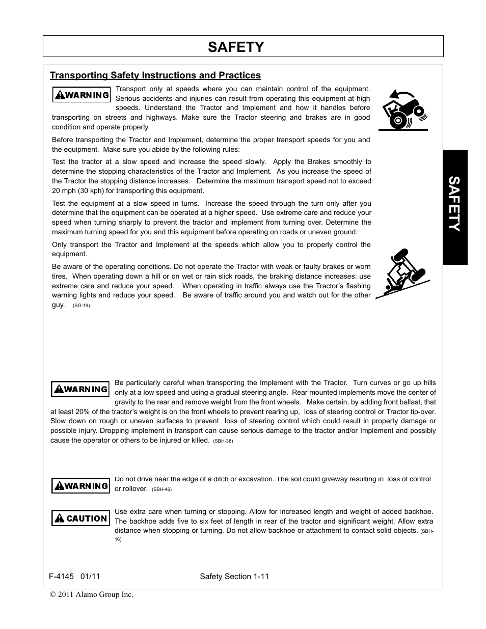 Transporting safety instructions and practices, Transporting safety instructions and practices -11, Safety | Alamo RHINO 95C User Manual | Page 15 / 56