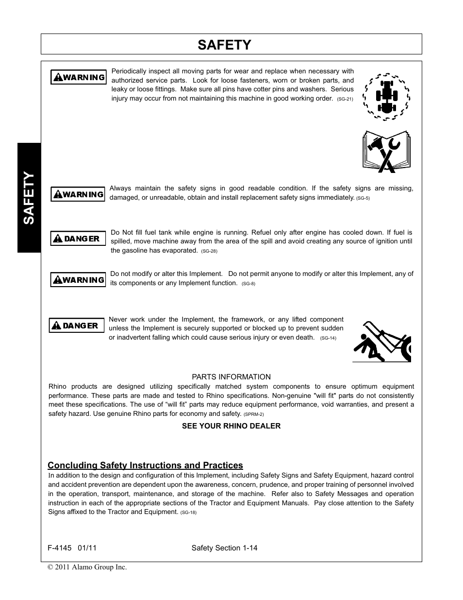 Concluding safety instructions and practices, Concluding safety instructions and practices -14, Safety | Alamo RHINO 95C User Manual | Page 18 / 56