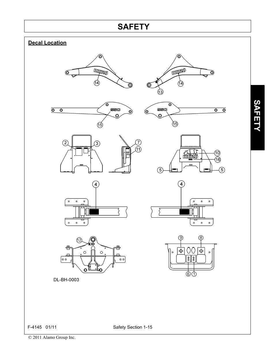 Decal location, Decal location -15, Safety | Alamo RHINO 95C User Manual | Page 19 / 56