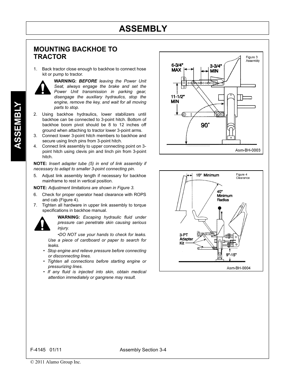 Mounting backhoe to tractor, Mounting backhoe to tractor -4, Assembly | Assembl y | Alamo RHINO 95C User Manual | Page 32 / 56