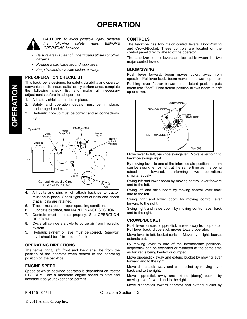 Pre-operation checklist, All safety shields must be in place, Tractor must be in proper operating condition | Lubricate backhoe, see maintenance section, Operating directions, Engine speed, Controls, Boom/swing, Crowd/bucket, Operation | Alamo RHINO 95C User Manual | Page 34 / 56