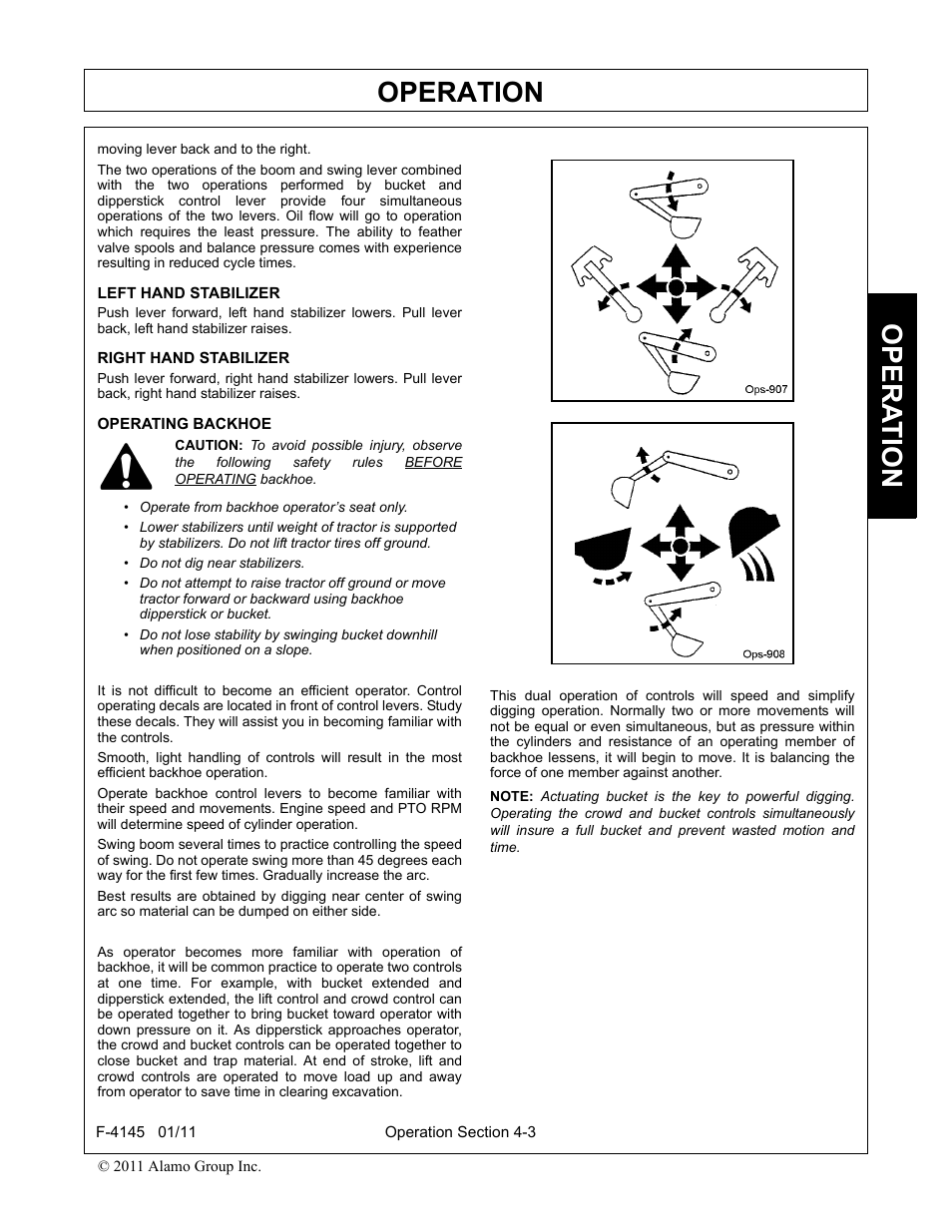 Left hand stabilizer, Right hand stabilizer, Operating backhoe | Operation, Opera t ion | Alamo RHINO 95C User Manual | Page 35 / 56