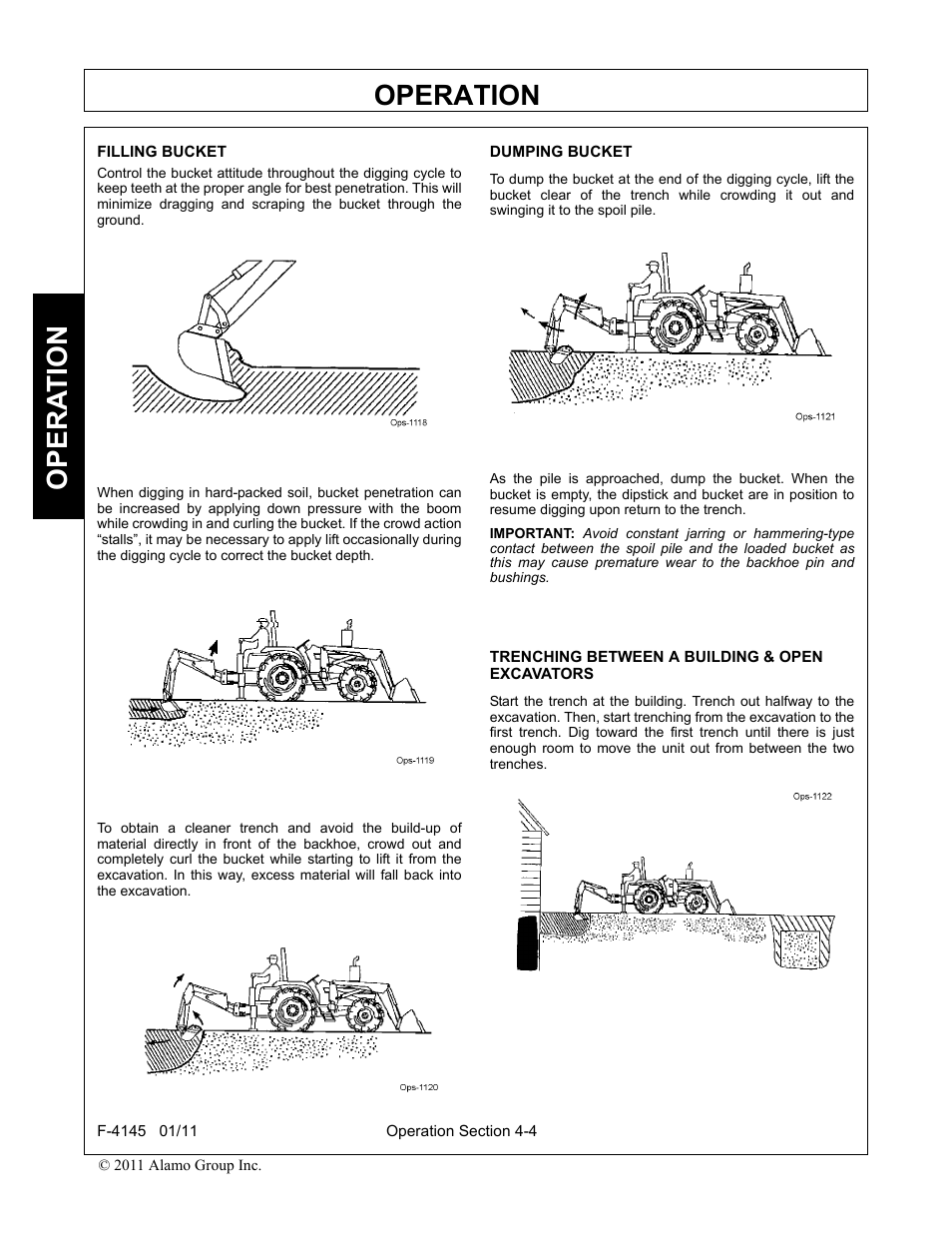 Filling bucket, Dumping bucket, Trenching between a building & open excavators | Operation, Opera t ion | Alamo RHINO 95C User Manual | Page 36 / 56