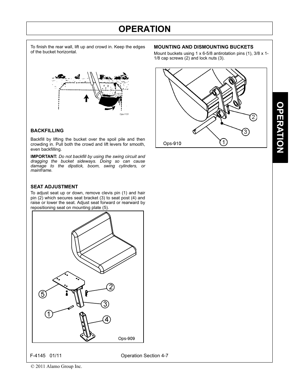 Backfilling, Seat adjustment, Mounting and dismounting buckets | Operation, Opera t ion | Alamo RHINO 95C User Manual | Page 39 / 56