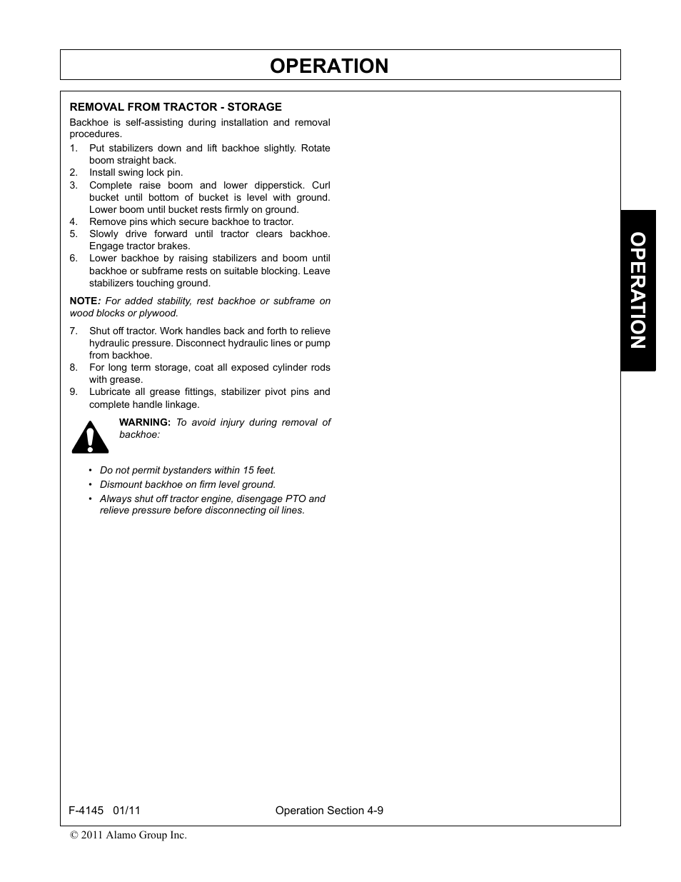 Removal from tractor - storage, Install swing lock pin, Remove pins which secure backhoe to tractor | Removal from tractor - storage -9, Operation, Opera t ion | Alamo RHINO 95C User Manual | Page 41 / 56