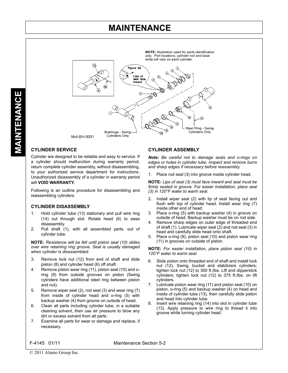 Cylinder service, Cylinder disassembly, Cylinder assembly | Maintenance | Alamo RHINO 95C User Manual | Page 44 / 56