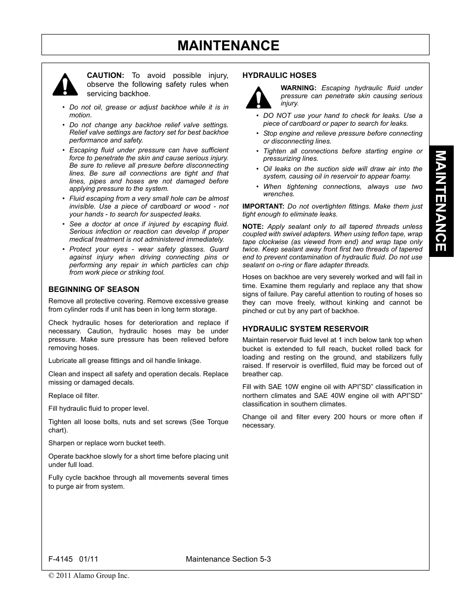 Beginning of season, Hydraulic hoses, Hydraulic system reservoir | Maintenance | Alamo RHINO 95C User Manual | Page 45 / 56