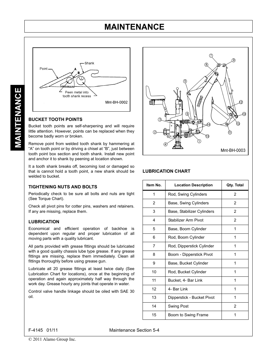 Bucket tooth points, Tightening nuts and bolts, Lubrication | Lubrication chart, Lubrication -4 lubrication chart -4, Maintenance | Alamo RHINO 95C User Manual | Page 46 / 56