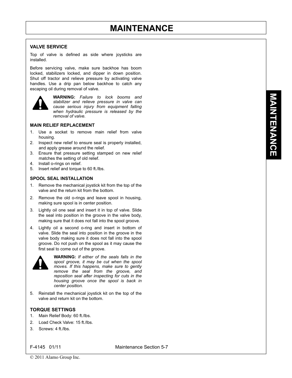 Valve service, Main relief replacement, Install o-rings on relief | Insert relief and torque to 60 ft./lbs, Spool seal installation, Torque settings, Main relief body: 60 ft./lbs, Load check valve: 15 ft./lbs, Screws: 4 ft./lbs, Valve service -7 | Alamo RHINO 95C User Manual | Page 49 / 56