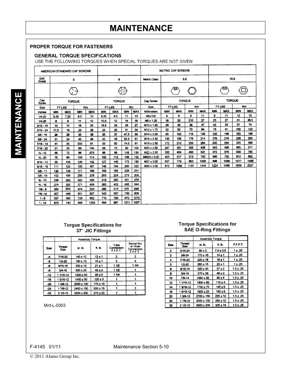 Proper torque for fasteners, Proper torque for fasteners -10, Maintenance | Alamo RHINO 95C User Manual | Page 52 / 56