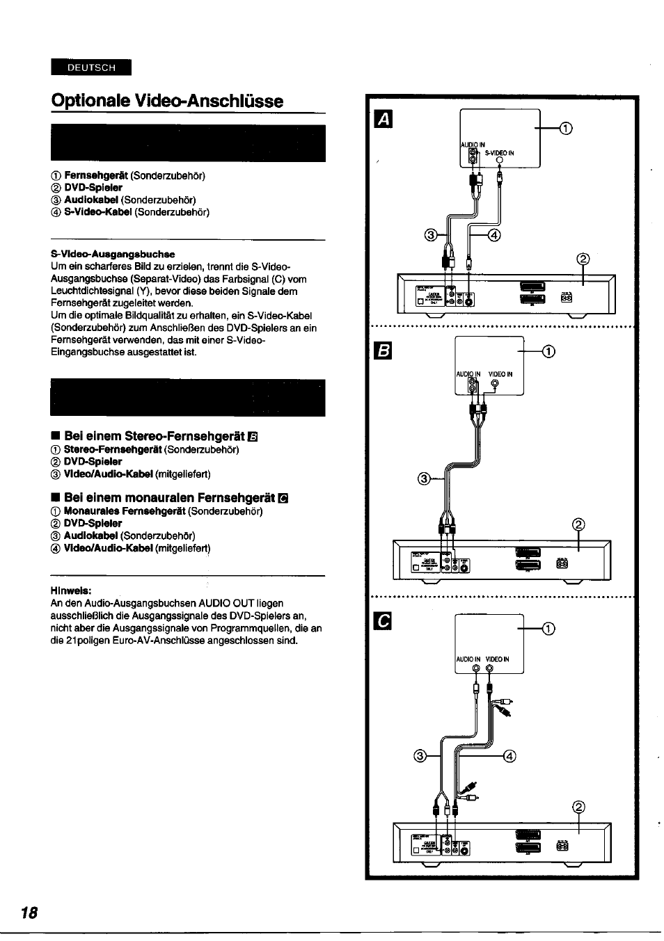 Optionale video-anschlüsse | Panasonic DVDA100 User Manual | Page 18 / 96