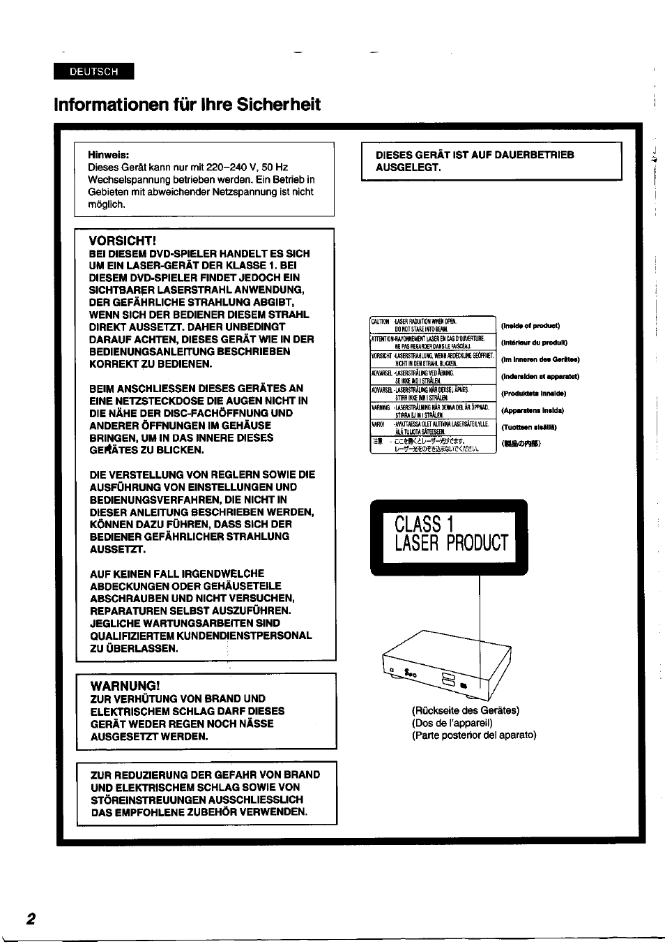 Informationen für ihre sicherheit, Vorsicht, Warnung | Hinweis, Dieses gerät ist auf dauerbetrieb ausgelegt | Panasonic DVDA100 User Manual | Page 2 / 96