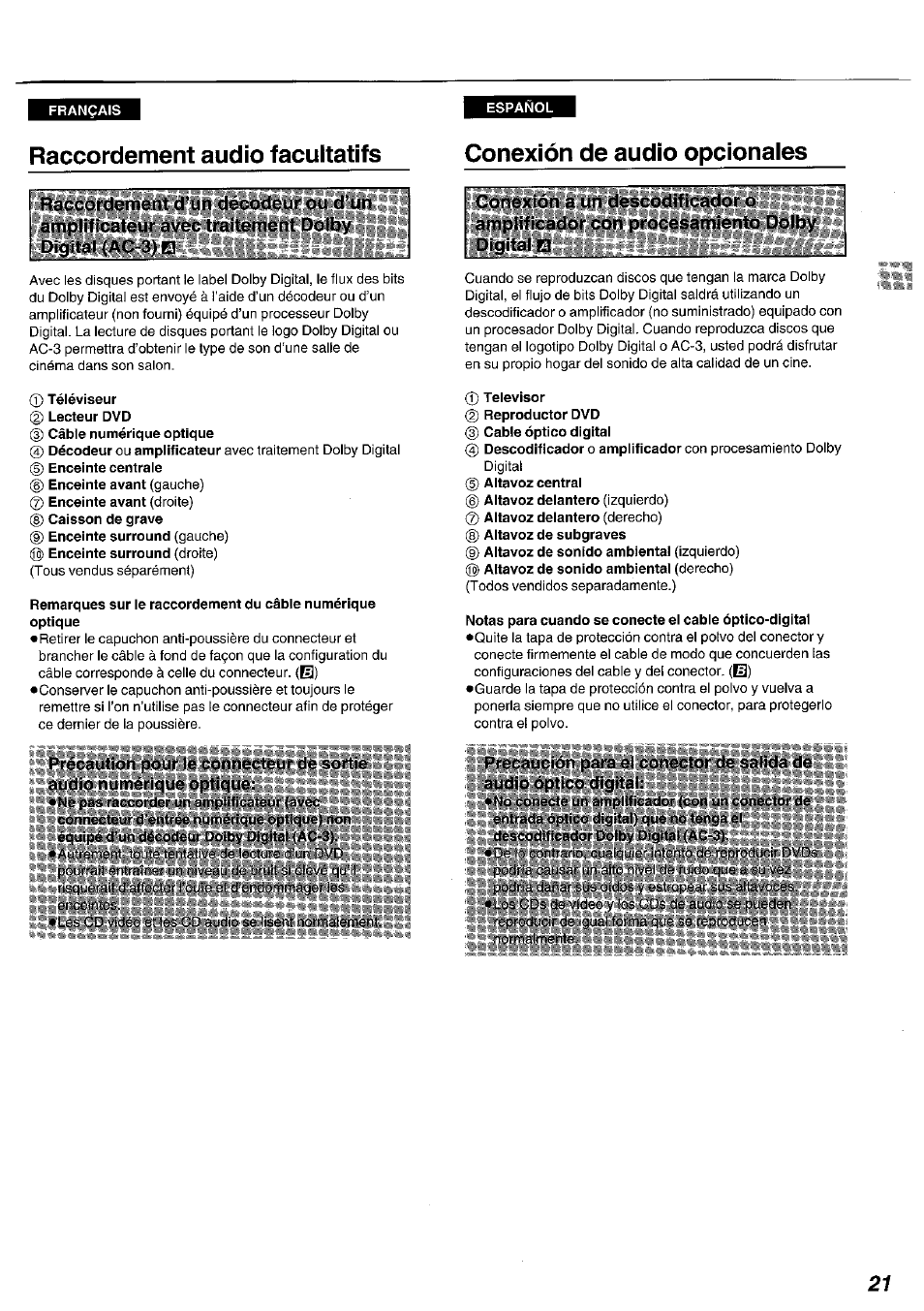 Raccordement audio facultatifs, Î) téléviseur, Conexión de audio opcionales | T) televisor, Raccordements audio facultatifs, Conexión de audio opcionaies | Panasonic DVDA100 User Manual | Page 21 / 96