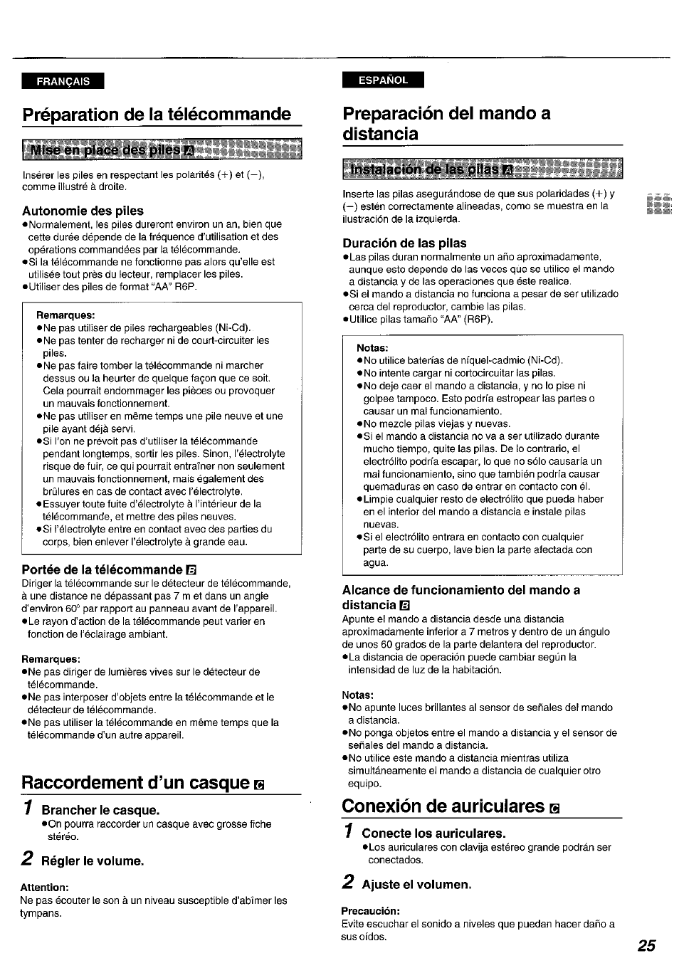 Préparation de la télécommande, Autonomie des piles, Portée de la télécommande el | Remarques, Raccordement d’un casque b, 2 régler le volume, Attention, Preparación del mando a distancia, Duración de las pilas, Alcance de funcionamiento del mando a distancia m | Panasonic DVDA100 User Manual | Page 25 / 96