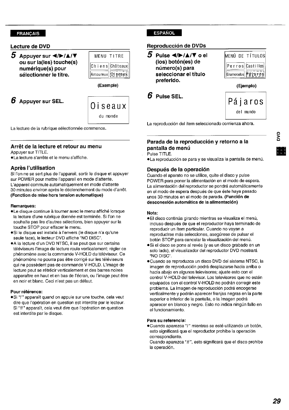 0 i seaux, Remarques, Pour référence | Ejemplo), Pájaros, Nota, Para su referencia | Panasonic DVDA100 User Manual | Page 29 / 96