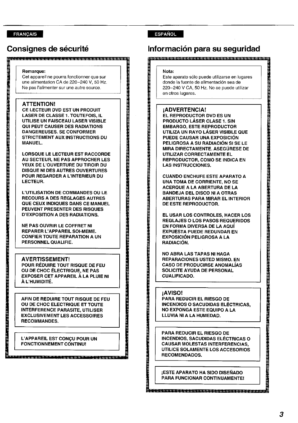 Consignes de sécurité, Attention, Avertissement | Información para su seguridad, Advertencia, Aviso | Panasonic DVDA100 User Manual | Page 3 / 96