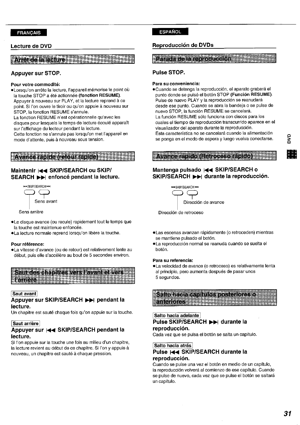 Français, Pour votre commodité, Para su conveniencia | Pour référence, Para su referencia, Saut avant, Saut arrière, Salto hacia adelante, Salto hacia atrás | Panasonic DVDA100 User Manual | Page 31 / 96