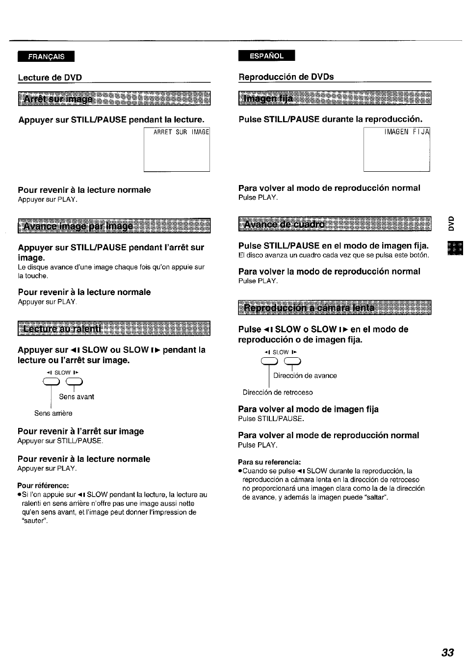 Appuyer sur stiliypause pendant la lecture, Reproducción de dvds, Pulse still/pause durante la reproducción | Para volver al modo de reproducción normal, Appuyer sur still/pause pendant l’arrêt sur image, Pour revenir à la lecture normale, Pour revenir à l’arrêt sur image, Pulse still/pause en el modo de imagen fija, Para volver la modo de reproducción normal, Para volver al modo de imagen fija | Panasonic DVDA100 User Manual | Page 33 / 96