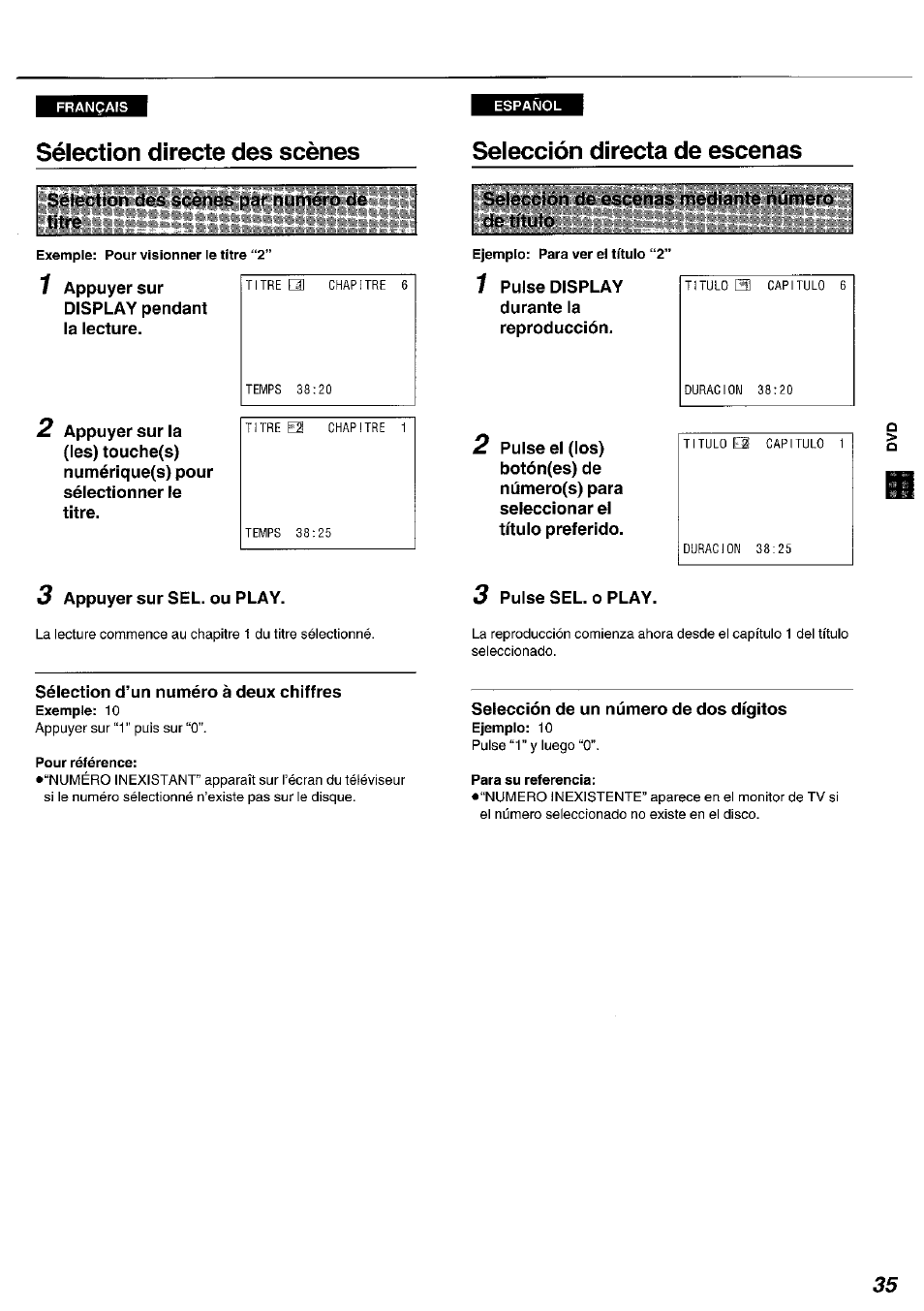 Sélection directe des scènes, Selección directa de escenas, 3 appuyer sur sel. ou play | 3 puise sel. o play, Sélection d’un numéro à deux chiffres, Selección de un número de dos dígitos, Seiección directa de escenas | Panasonic DVDA100 User Manual | Page 35 / 96