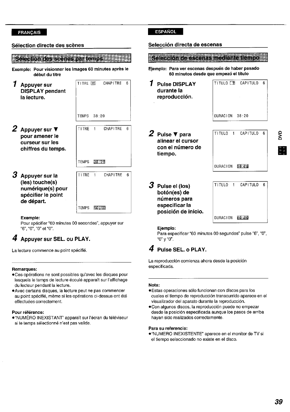 Exemple, Remarques, Pour référence | Ejemplo, Nota, Para su referencia | Panasonic DVDA100 User Manual | Page 39 / 96