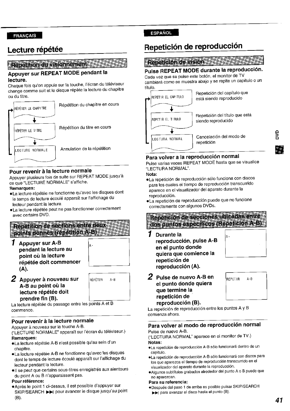 Lecture repetee, Repetición de reproducción, Lecture répétée | Lecture repetee repetición de reproducción | Panasonic DVDA100 User Manual | Page 41 / 96