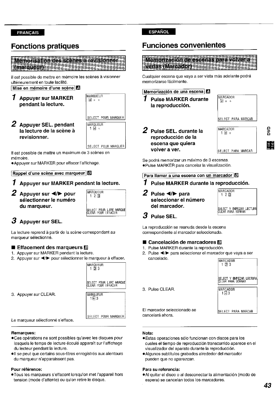 Fonctions pratiques, I rappel d’une scène avec marqueur | e, Memorización de una escena] el | I para llamar a una escena con un marcador le, Nota, Para su referencia, Fonctions pratiques funciones convenientes | Panasonic DVDA100 User Manual | Page 43 / 96