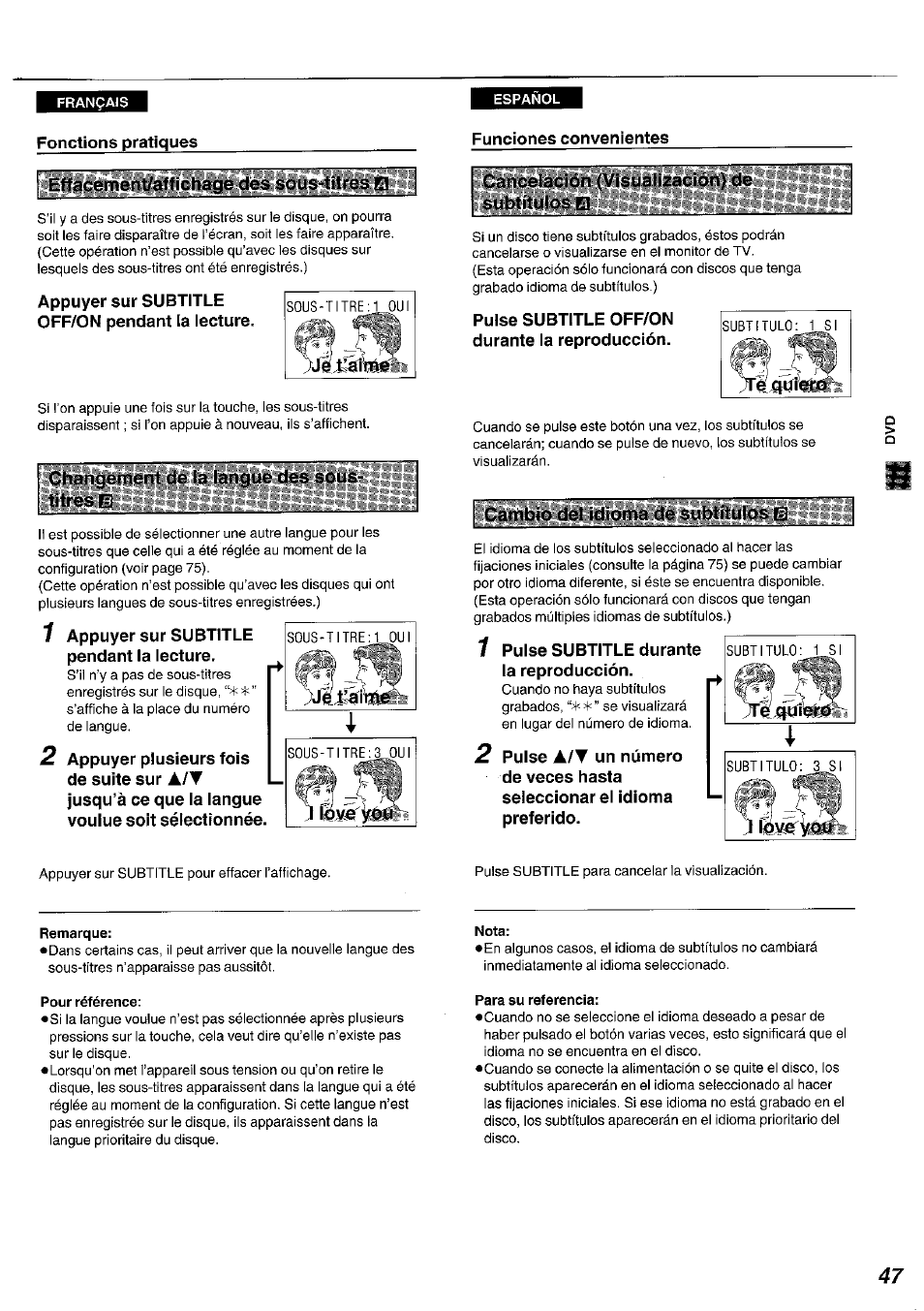 Remarque, Pour référence, Nota | Para su referencia | Panasonic DVDA100 User Manual | Page 47 / 96