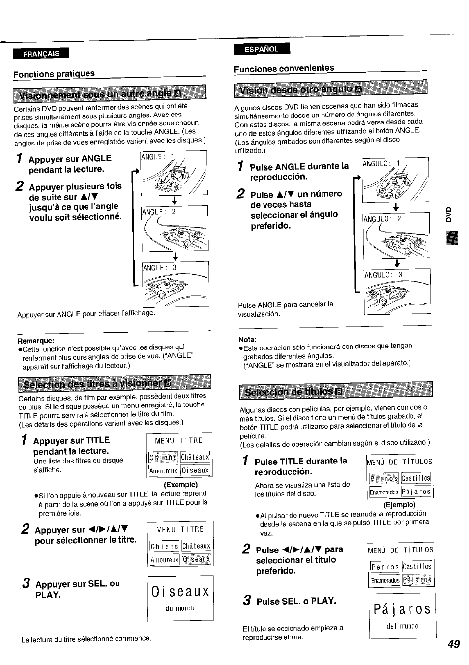 Français, Español, Exemple) | Oi seaux, Nota, Pájaros, Sélection des titres à visionnerb | Panasonic DVDA100 User Manual | Page 49 / 96