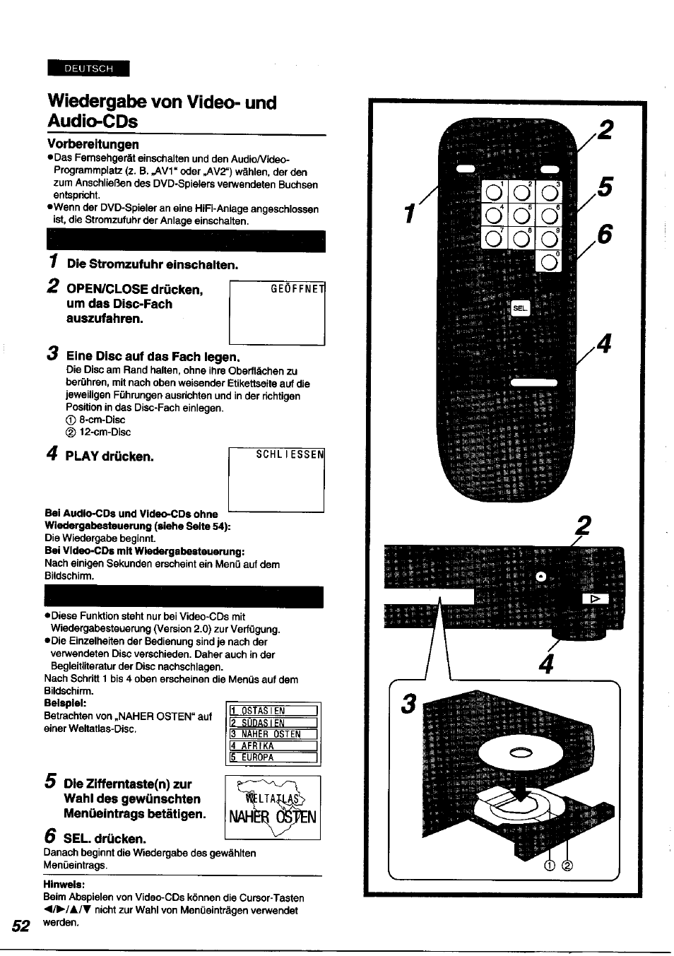 Wiedergabe von video- und audio-cds, Vor der wiedergabe von dvds/video-cds, Audio-cds | Panasonic DVDA100 User Manual | Page 52 / 96