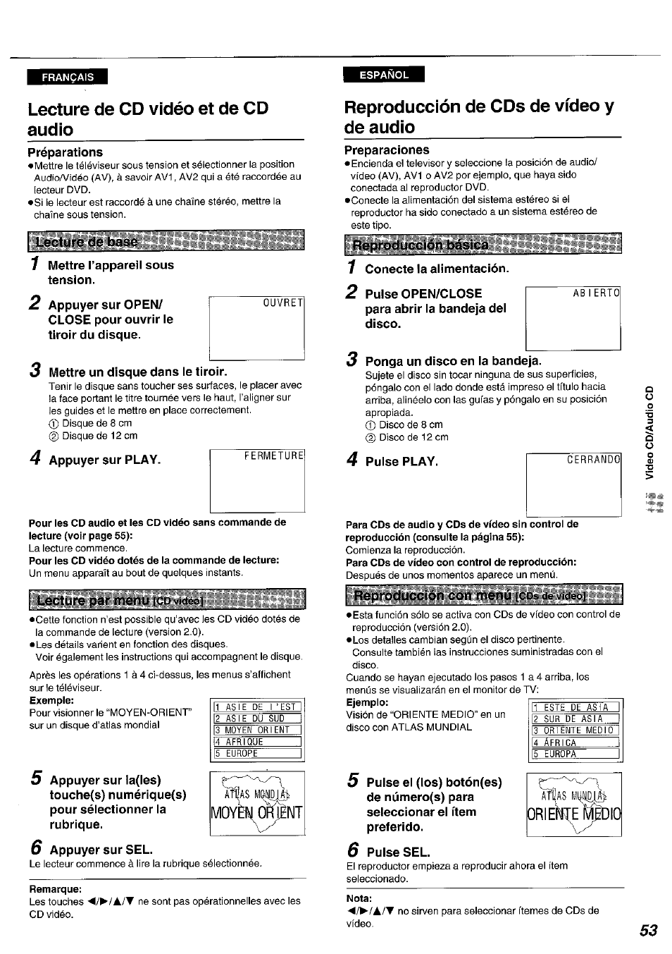 Français, Lecture de cd vidéo et de cd audio, Reproducción de cds de vídeo y de audio | Nota, Reproducción de cds de vídeo y, De audio | Panasonic DVDA100 User Manual | Page 53 / 96