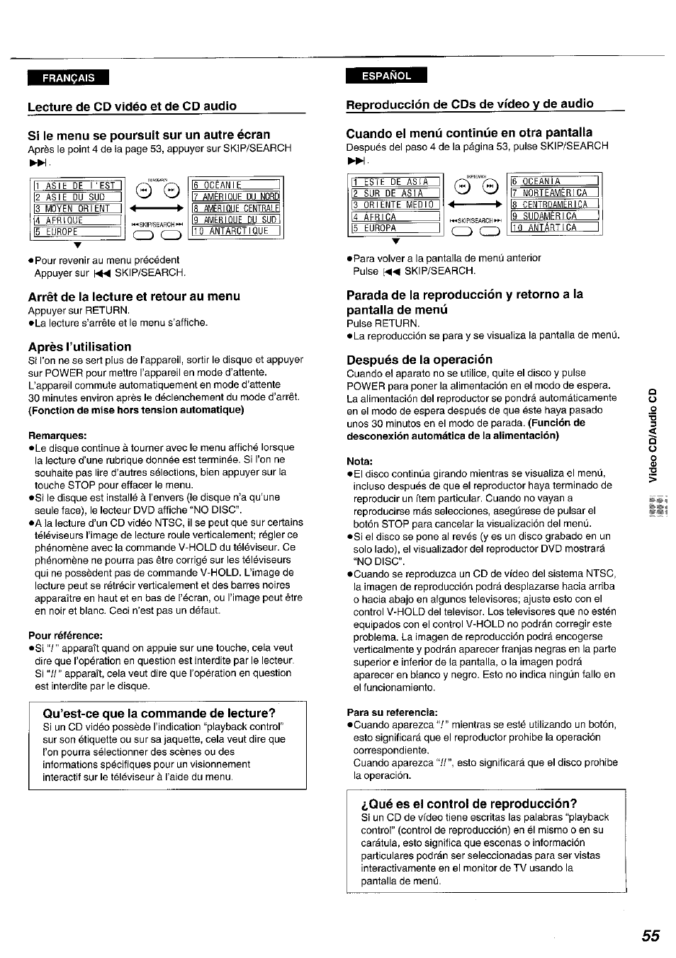 Si le menu se poursuit sur un autre écran, Arrêt de la lecture et retour au menu, Après rutilisation | Remarques, Pour référence, Después de la operación, Nota, Para su referencia, Qué es el control de reproducción, O cd | Panasonic DVDA100 User Manual | Page 55 / 96
